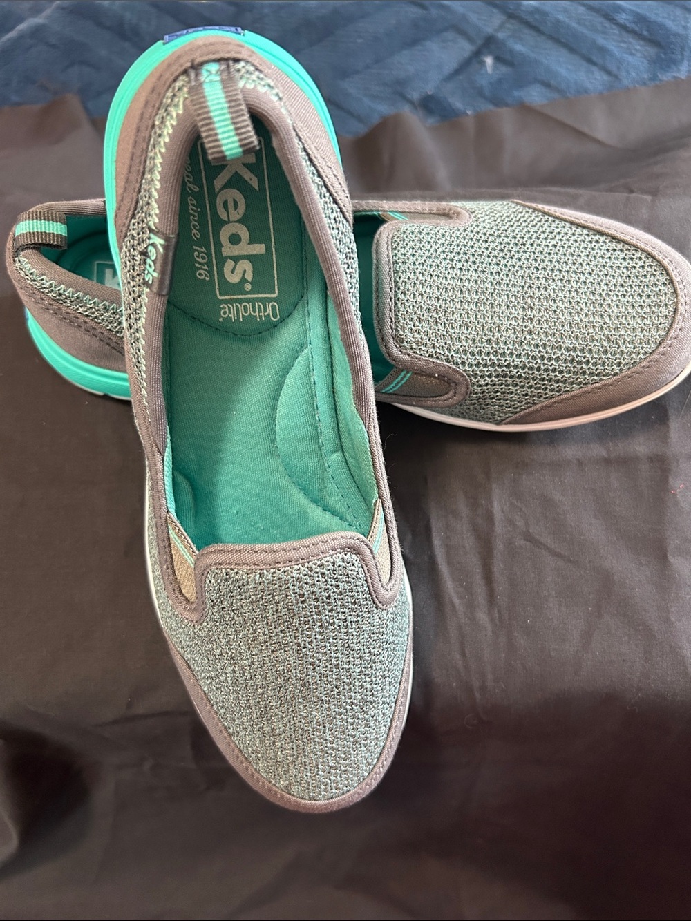 Keds Teal and Gray Slip-On Knit Sneakers Women's Size 6